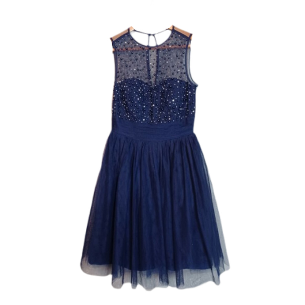 Quiz Tule Beaded Illusion Dress Size 2 Navy Blue New
